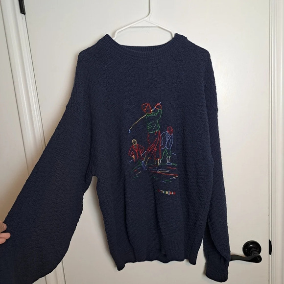 Scottish Isle Navy Blue Knit Golf Print Embroidered Oversized Sweater Size Large - Picture 2 of 5